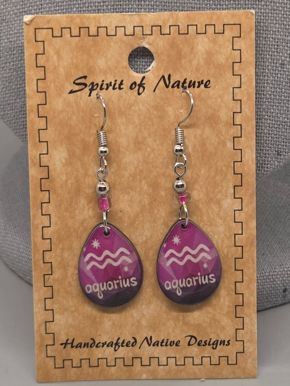 Spirit of Nature Earrings AQUARIUS - Astrological Sign- Tear Drop -Pink White